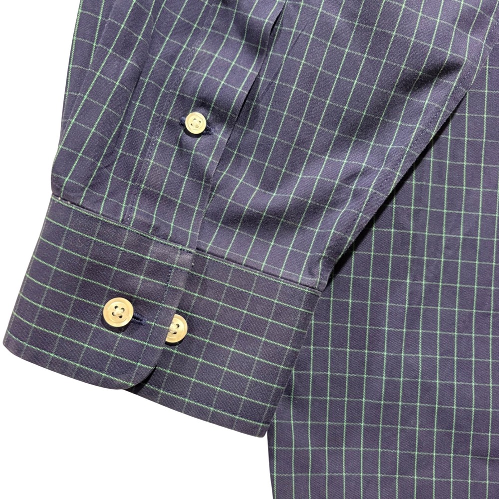 Paul Fredrick‎ Mens 17.5 34 Non-Iron Pinpoint Cotton Navy Green Windowpane Shirt - Picture 6 of 7
